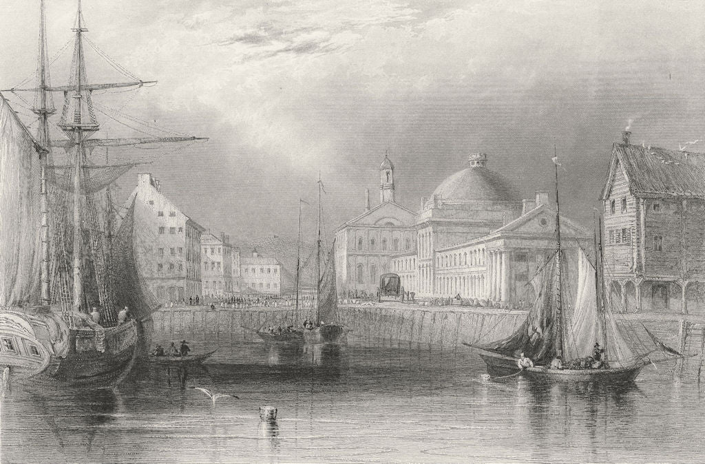 Faneuil Hall, from the Water, Massachusetts. WH BARTLETT 1840 old print